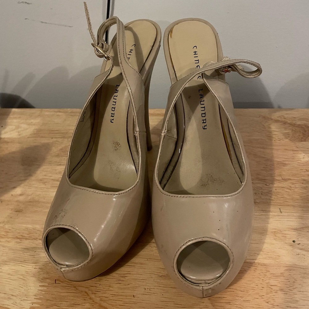 Tan peep toe heels